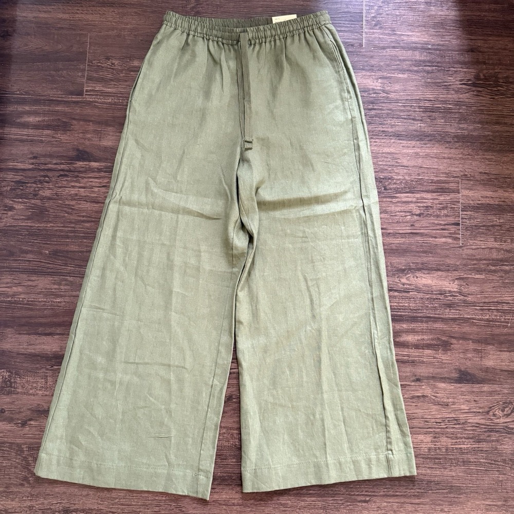 NWT Max Studio London Size Large Olive Green Linen Blend Wide Leg Trousers